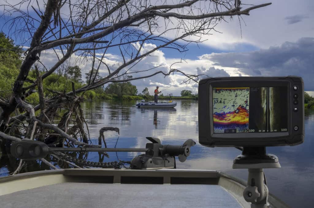 Fishfinder, echolot, fishing sonar at the boat