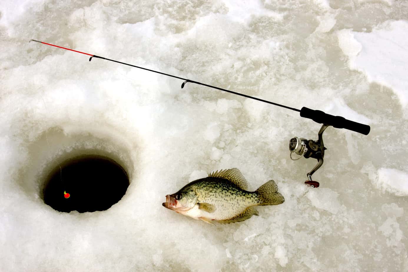 crappie, pole and hole in the ice on a frozen lake