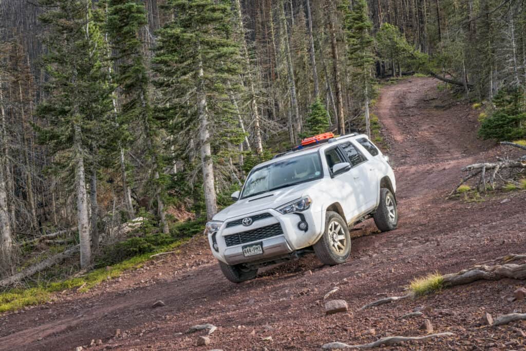 Villa Grove, CO, USA - September 16, 2017: Toyota 4Runner SUV (2016 Trail Premium Edition) on a steep Hayden Pass Road in Sangre de Cristo Mountains, the southernmost subrange of the Rocky Mountains,